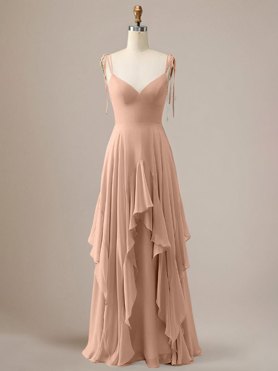 Elegant Dusty Blue A Line Spaghetti Straps Chiffon Long Bridesmaid Dress with Ruffles