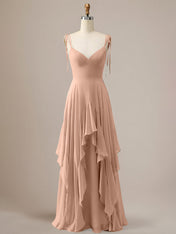 Elegant Dusty Blue A Line Spaghetti Straps Chiffon Long Bridesmaid Dress with Ruffles