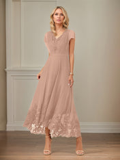 A Line V Neck Flutter Sleeve Ankle Length Chiffon Dress With Appliques