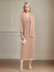Sheath/Column Chiffon V Neck 3/4 Sleeves Tea Length Mother Of The Bride Dress