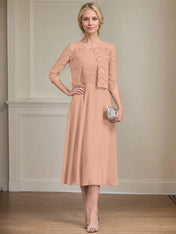 A-line Scoop Tea-Length Chiffon Mother of the Bride Dress With Pleated