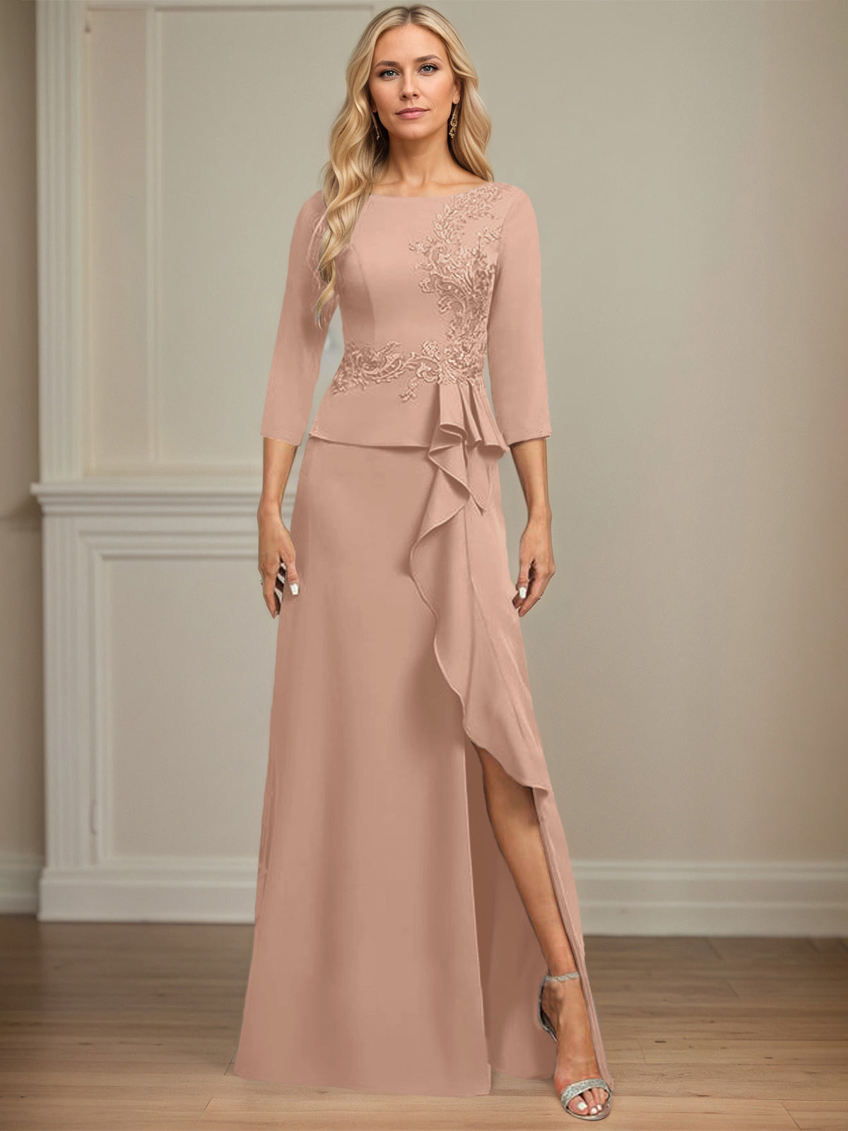 Column Scoop Floor-Length Stretch Crepe Dress With Cascading Ruffles Appliques