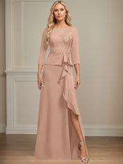Sheath/Column Scoop Floor-Length Stretch Crepe Dress With Cascading Ruffles Appliques