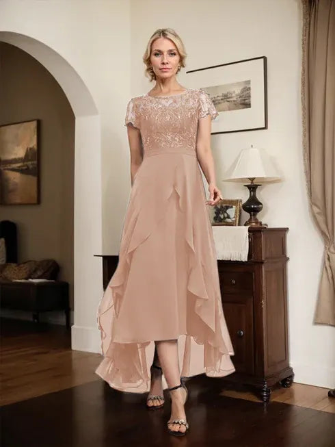 A-line Scoop Illusion Asymmetrical Chiffon Lace Mother of the Bride Dress With Bow Ruffle Sequins
