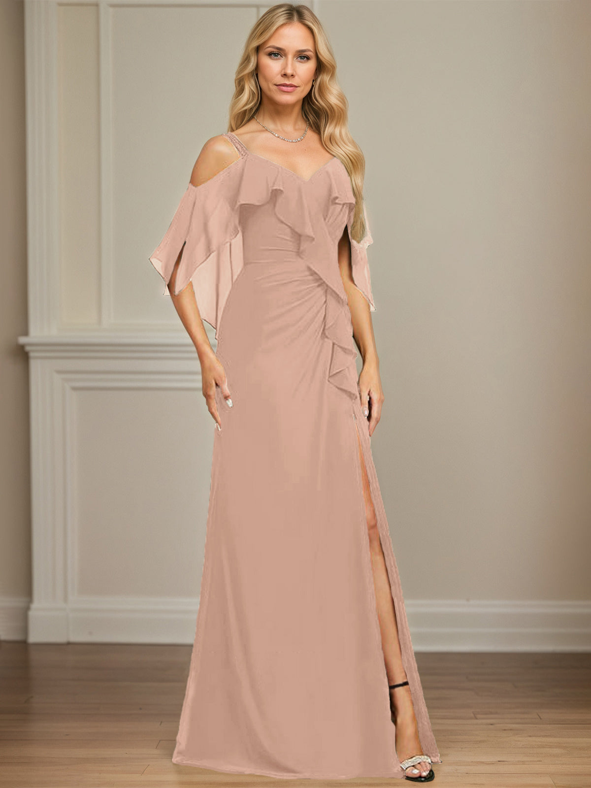 Column Cold Shoulder V-Neck Floor-Length Chiffon Dress With Cascading Ruffles Sequins Beading