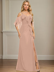 Sheath/Column Cold Shoulder V-Neck Floor-Length Chiffon Dress With Cascading Ruffles Sequins Beading