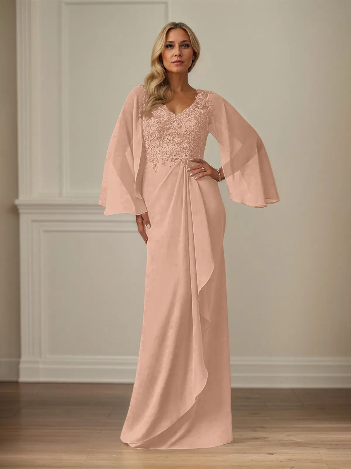 Column Chiffon V Neck Long Sleeves Floor Length Mother of the Bride Dresses With Appliques
