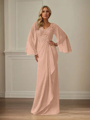 Sheath/Column Chiffon V Neck Long Sleeves Floor Length Mother of the Bride Dresses With Appliques