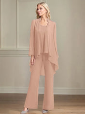 Chiffon Scoop Neck Long Sleeves Floor Length Mother Of The Bride Pantsuits