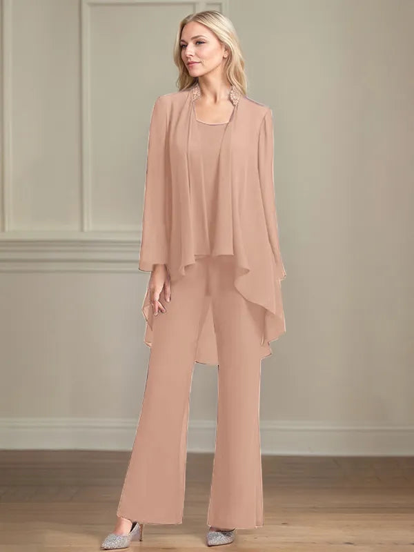Chiffon Scoop Neck Long Sleeves Floor Length Mother Of The Bride Pantsuits