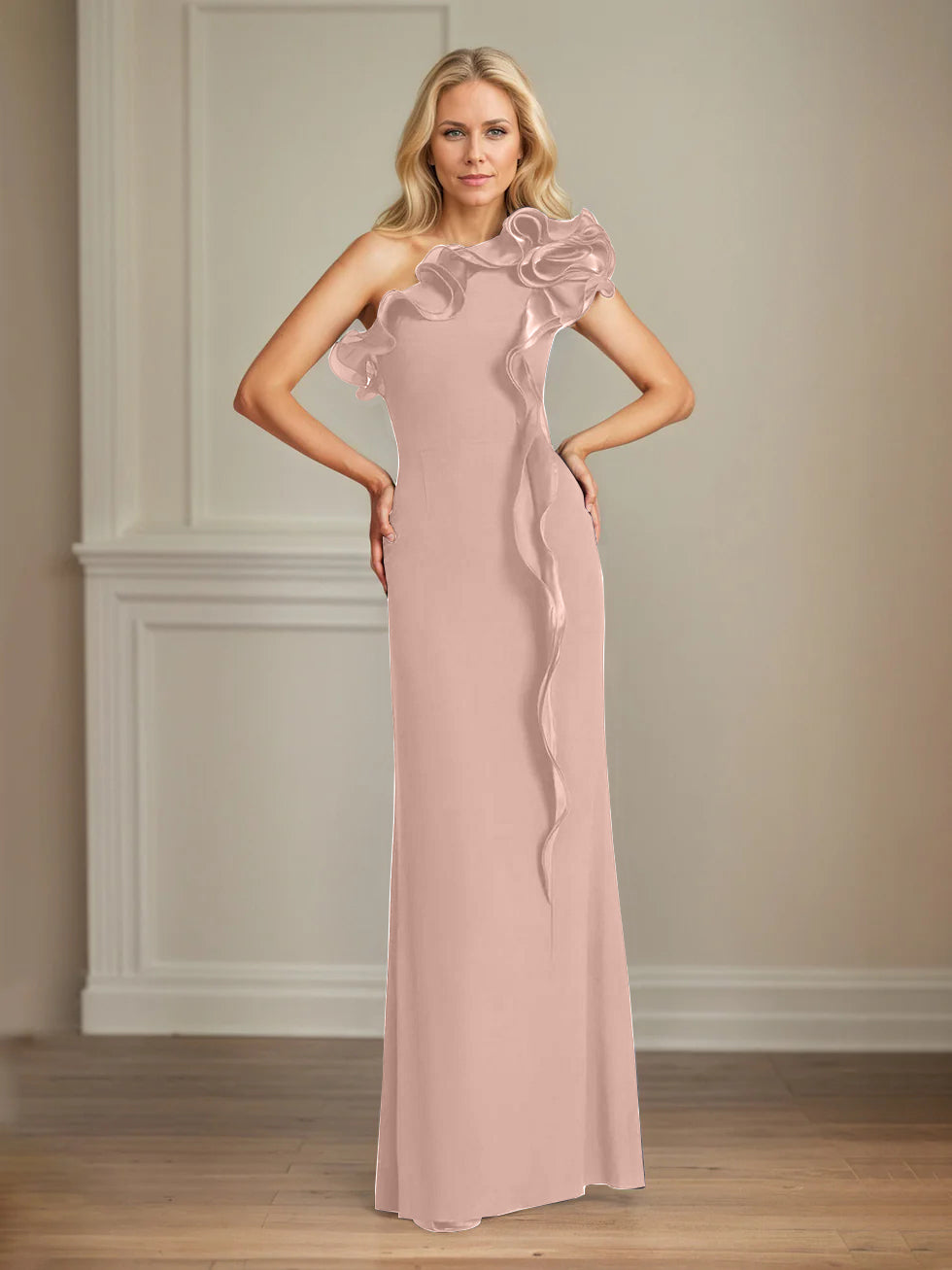 Column One Shoulder Floor Length Mother of the Bride Dresses With Ruffles