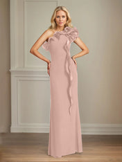 Navy Stretch Crepe Sheath/Column One Shoulder Floor Length Mother of the Bride Dresses With Ruffles