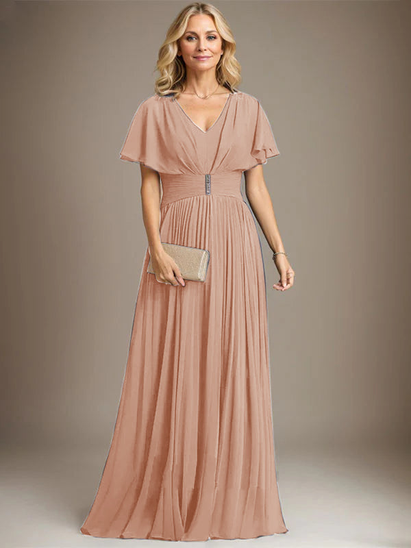 A-line V-Neck Floor-Length Chiffon Mother of the Bride Dress With Crystal Brooch Pleated