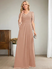 Dark Navy A-Line V-Neck Long Mother of Bride Dress