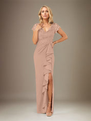 Sheath/Column V Neck Short Sleeve Floor Length Chiffon Dress With Cascading Ruffles
