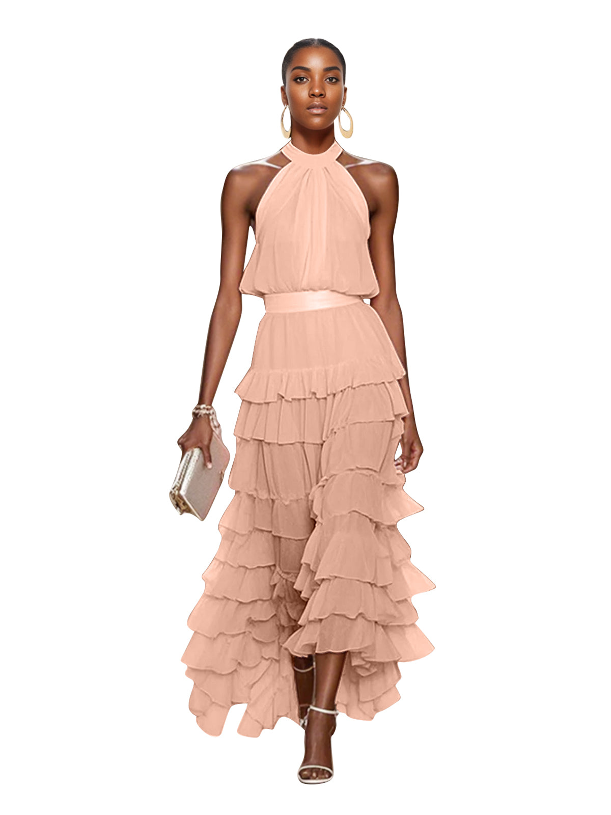 A Line Pink Chiffon Halter Neck Sleeveless Ankle Length Dress With Cascading Ruffles