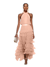 A Line Pink Chiffon Halter Neck Sleeveless Ankle Length Dress With Cascading Ruffles