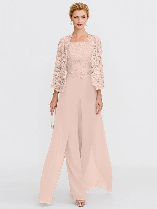 Ensemble 3 pièces en mousseline de soie avec col carré et veste pour mère de la mariée 