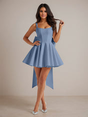 A-Line Square Neck Pleated Mini Homecoming Dress with Bow