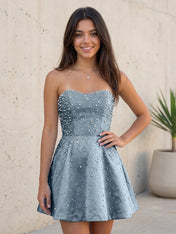 Baby Blue All Over Pearl Strapless Satin A-Line Mini Homecoming Dresses