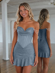 Sweetheart Neck Pearl Strap Beaded Mini Homecoming Dress