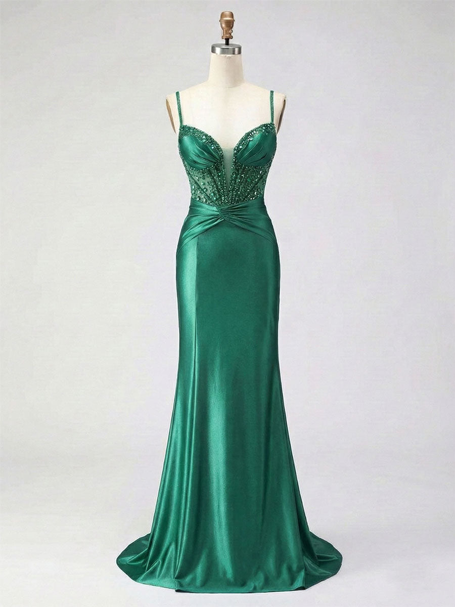 Dusty Blue Beaded Corset Satin Long Prom Dress