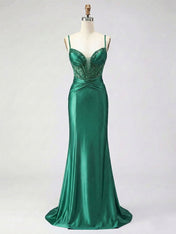 Dusty Blue Beaded Corset Satin Long Prom Dress