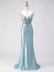 Dusty Blue Beaded Corset Satin Long Prom Dress