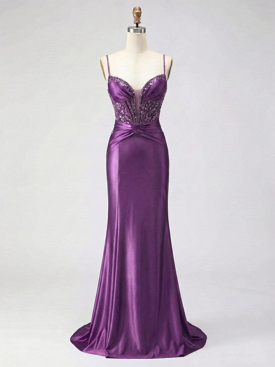Dusty Blue Beaded Corset Satin Long Prom Dress