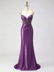 Dusty Blue Beaded Corset Satin Long Prom Dress
