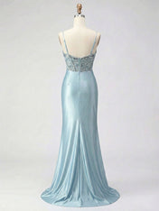 Dusty Blue Beaded Corset Satin Long Prom Dress