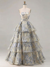 Dusty Blue Floral Brocade Strapless Tiered Long Prom Dress