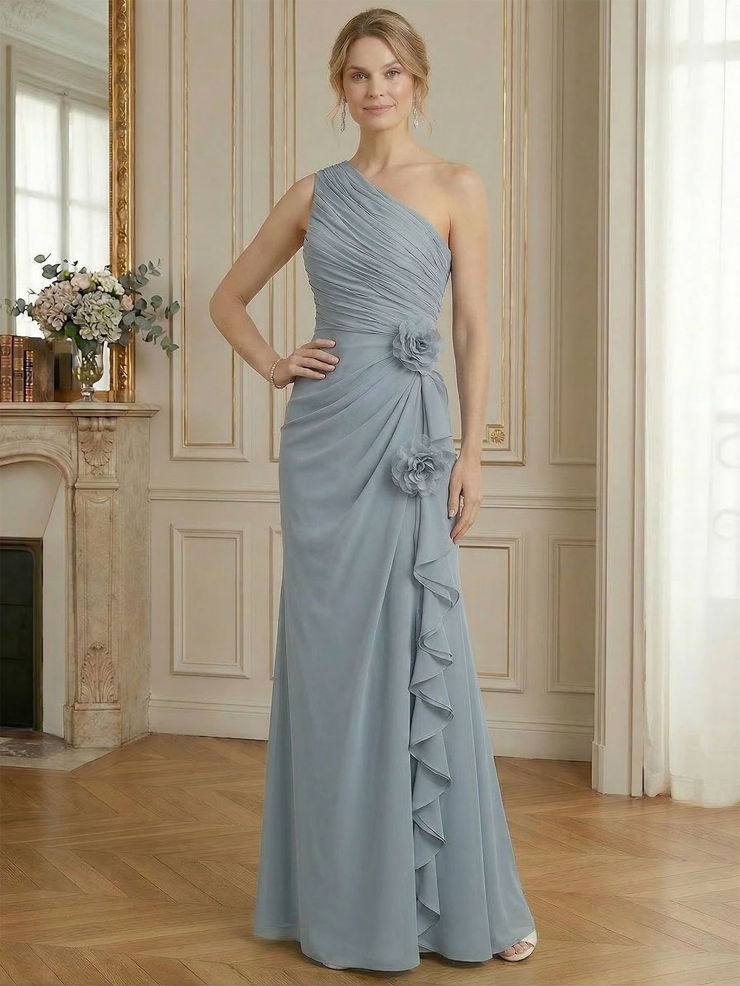 Dusty Blue One-Shoulder Ruched Floral Maxi Dress Gown