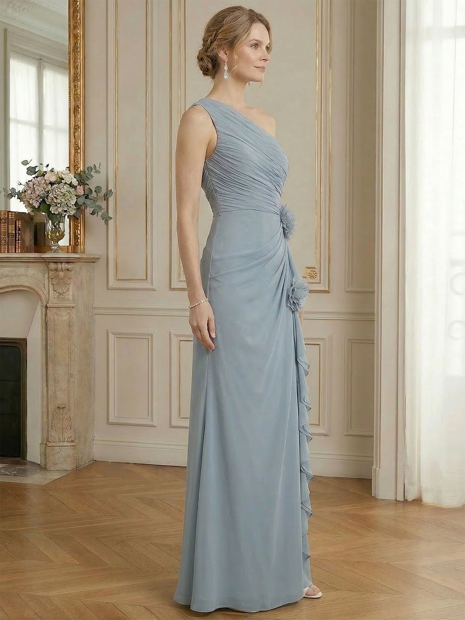Dusty Blue One-Shoulder Ruched Floral Maxi Dress Gown