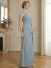 Dusty Blue One-Shoulder Ruched Floral Maxi Dress Gown