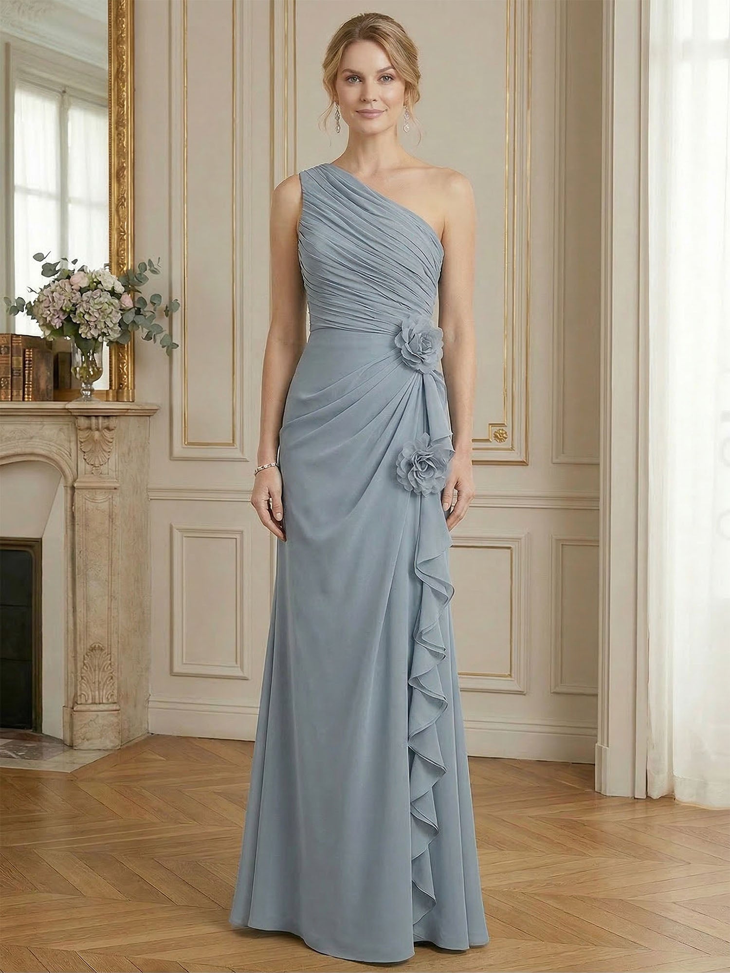 Dusty Blue One-Shoulder Ruched Floral Maxi Dress Gown