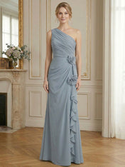 Dusty Blue One-Shoulder Ruched Floral Maxi Dress Gown