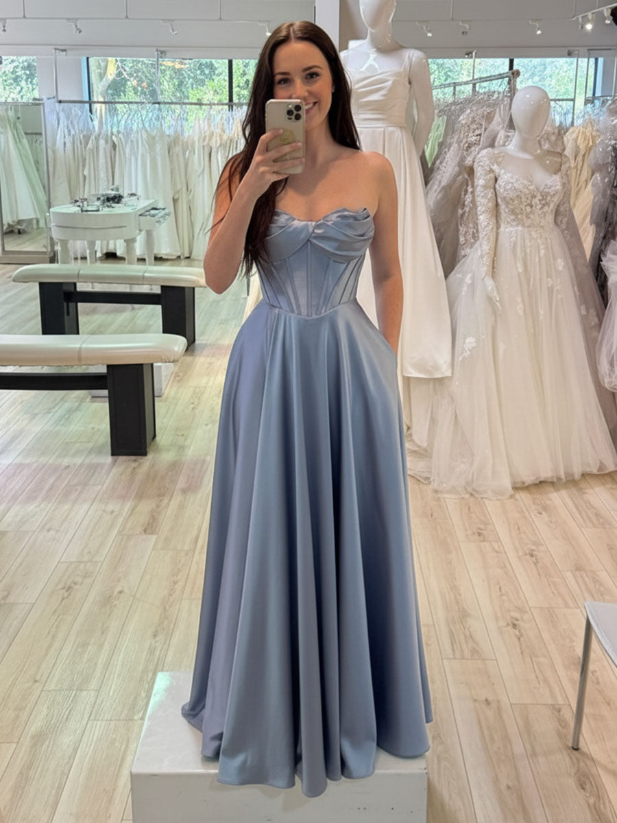 Dusty Blue Strapless Corset Bodice Satin Prom Dress with Slit