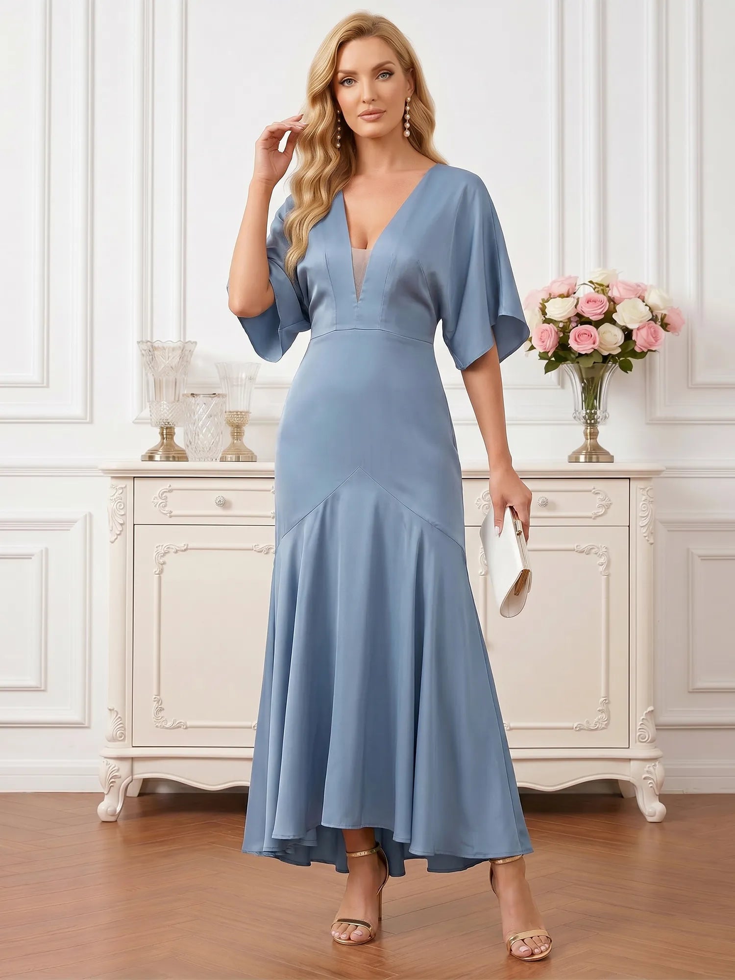 Dusty Blue V-Neck Satin Gown with Flutter Sleeves Mother of the Bride Dresses Evening Dresses