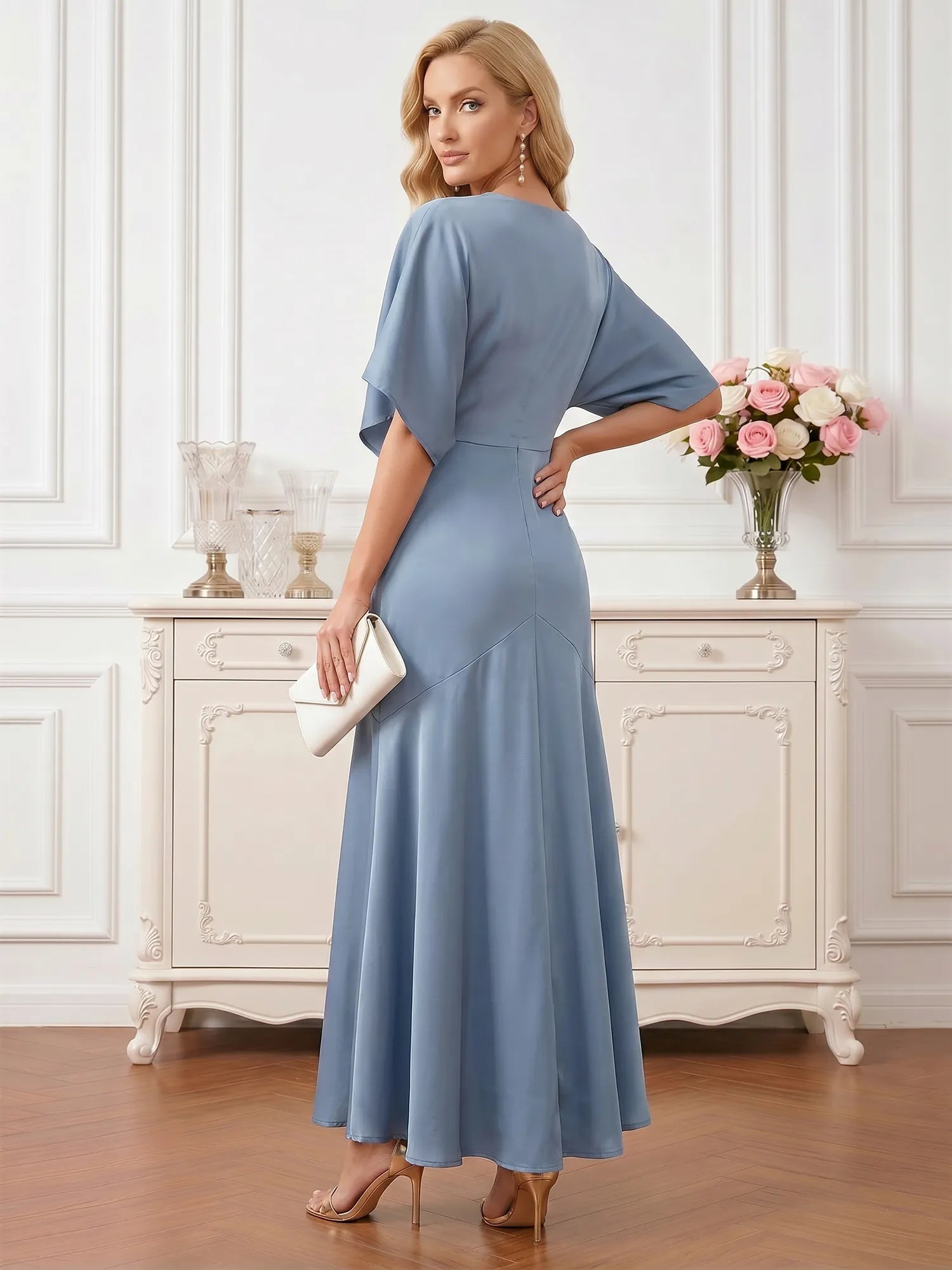 Dusty Blue V-Neck Satin Gown with Flutter Sleeves Mother of the Bride Dresses Evening Dresses