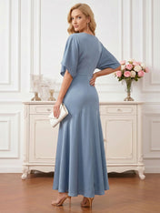 Dusty Blue V-Neck Satin Gown with Flutter Sleeves Mother of the Bride Dresses Evening Dresses