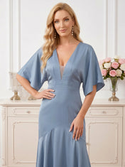 Dusty Blue V-Neck Satin Gown with Flutter Sleeves Mother of the Bride Dresses Evening Dresses