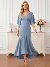 Dusty Blue V-Neck Satin Gown with Flutter Sleeves Mother of the Bride Dresses Evening Dresses