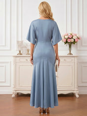 Dusty Blue V-Neck Satin Gown with Flutter Sleeves Mother of the Bride Dresses Evening Dresses
