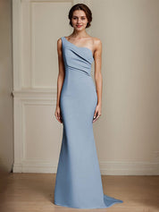 Elegant Khaki One Shouder Mermaid Ruched Long Satin Formal Dress