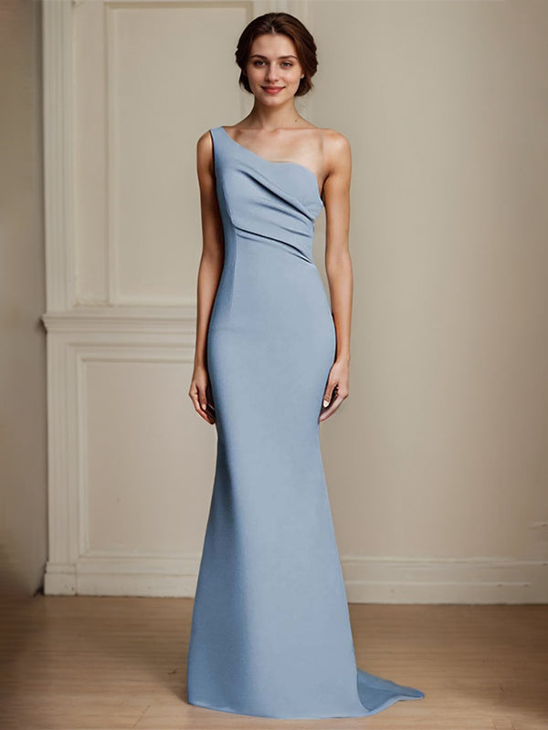 Elegant Khaki One Shouder Mermaid Ruched Long Satin Formal Dress