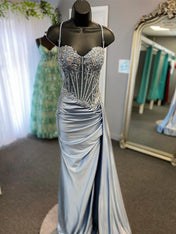 Green Mermaid Spaghetti Straps Bodice Long Prom Dress with Beads