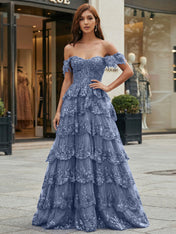 Royal Blue Off-the-Shoulder Sequin Lace Tiered Corset Prom Dress