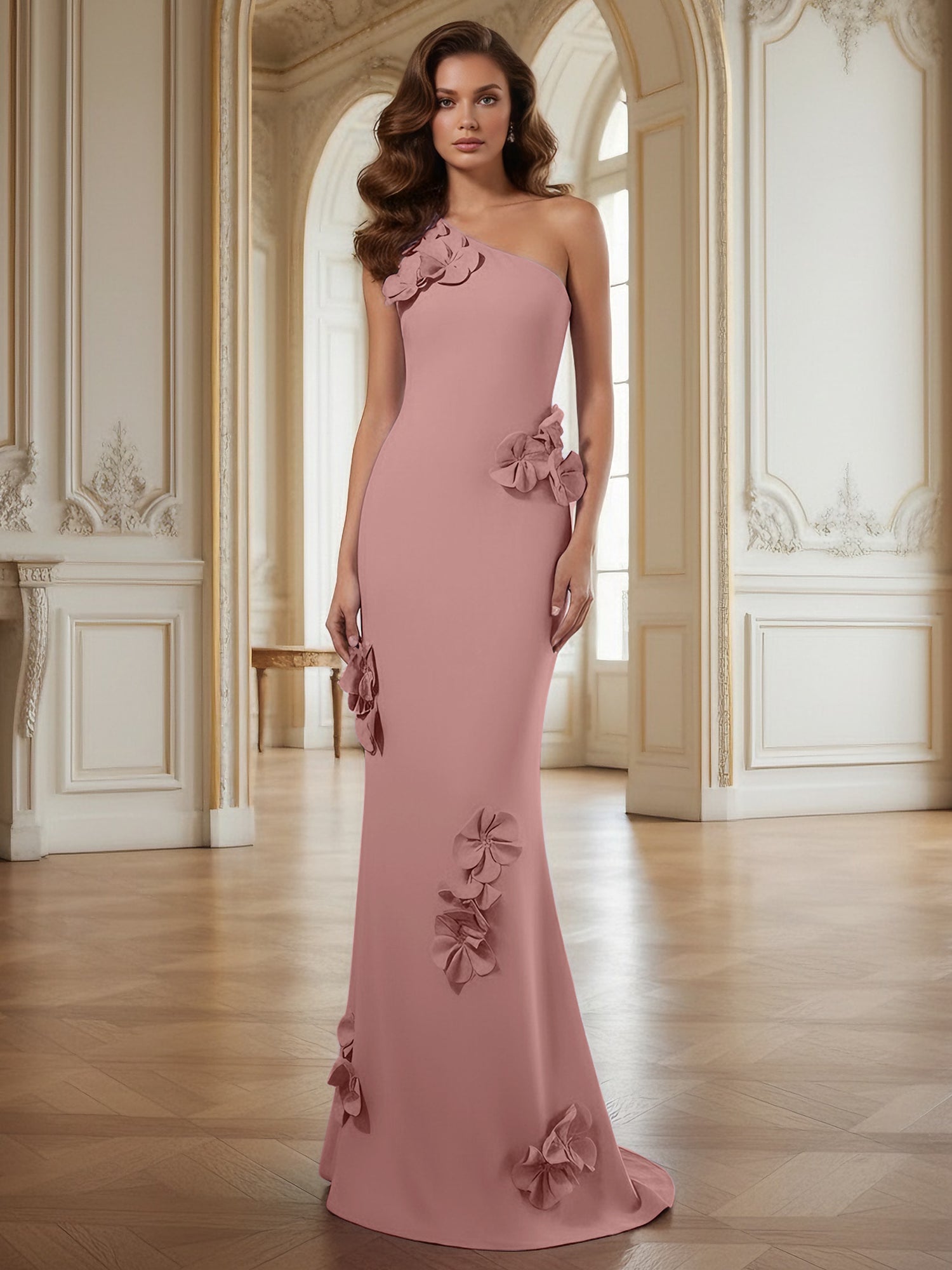 Cream One-Shoulder Prom Dress with Sculptural 3D Floral Appliqués