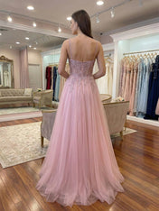 Dusty Pink A Line Lace Applique Tulle Corset Prom Dress